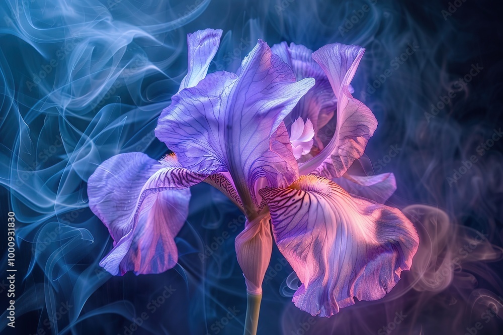 Obraz premium Blue Flag Iris Versicolor Detail on smoke Dark Background