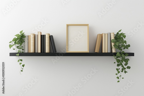 White poster in black frame mockup on the shelf, books and plants. AI generated