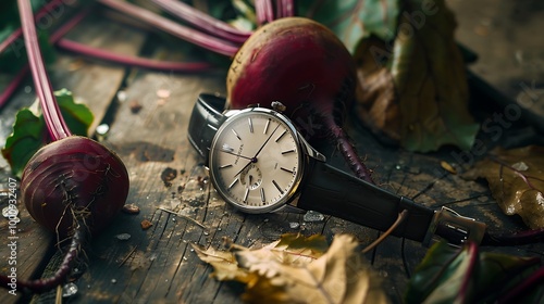 A chic watch on a beetroot next to a rustic table photo