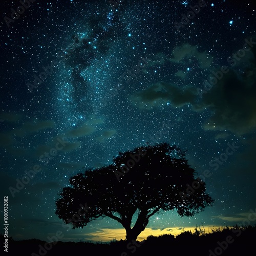 Beautiful picture of the night sky, Silhouette of a tree at night.