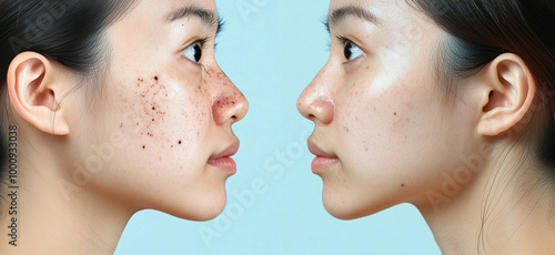 Close-up images of skin improvement before and after treatment, showing acne, freckles, pigmentation, and smooth skin, highlighting beauty, skincare, and dermatological care.