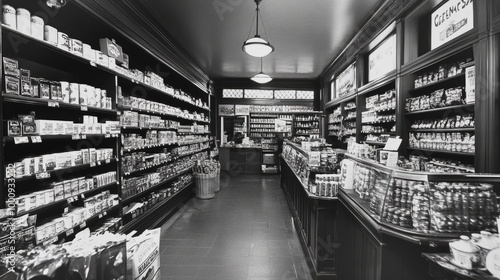 One young woman shopping in a grocery store aisle, black and white photo