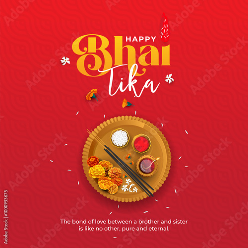 Happy Bhai Tika or Bhai Dooj Festival Greeting Template Design with Decorative Ornaments