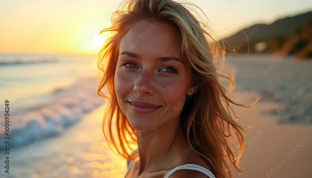 Woman smiling on the beach at sunset. Woman smiling on the beach at sunset.