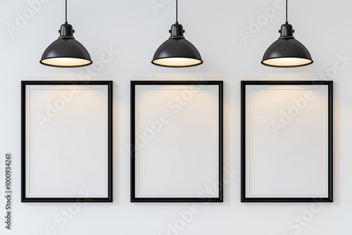 Three empty picture frames on the bricks wall. AI generation