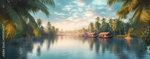 The serene backwaters of Kerala, with traditional houseboats floating on calm waters, framed by palm trees