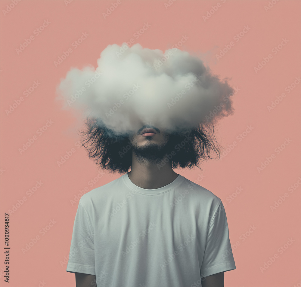 A series of surreal images showing people with clouds over their heads, symbolizing daydreaming or a foggy mind. The concept is playful and thought-provoking, with a pastel-colored background that add A series of surreal images showing people with clouds over their heads, symbolizing daydreaming or a foggy mind. The concept is playful and thought-provoking, with a pastel-colored background that add