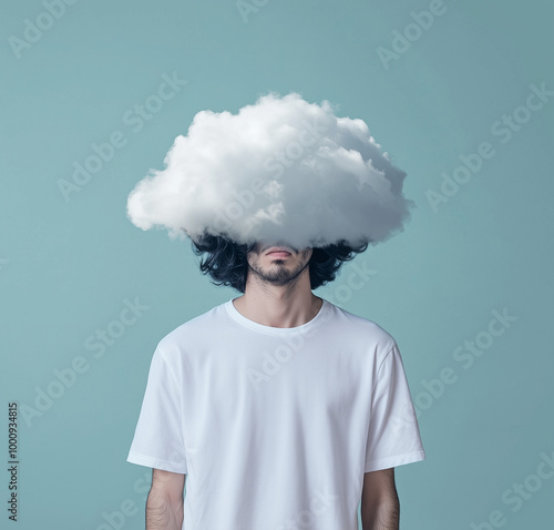 A series of surreal images showing people with clouds over their heads, symbolizing daydreaming or a foggy mind. The concept is playful and thought-provoking, with a pastel-colored background that add