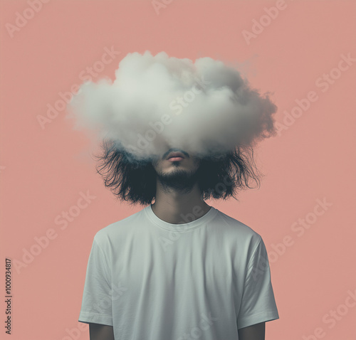 A series of surreal images showing people with clouds over their heads, symbolizing daydreaming or a foggy mind. The concept is playful and thought-provoking, with a pastel-colored background that add