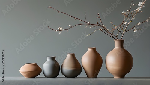 Elegant display of smooth matte finish ceramic vases in various shapes against a gray backdrop photo