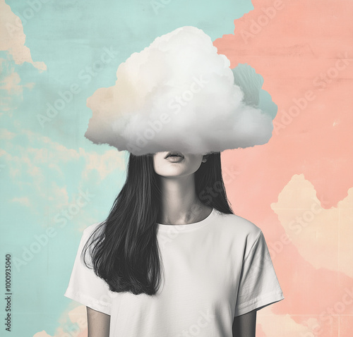 A series of surreal images showing people with clouds over their heads, symbolizing daydreaming or a foggy mind. The concept is playful and thought-provoking, with a pastel-colored background that add