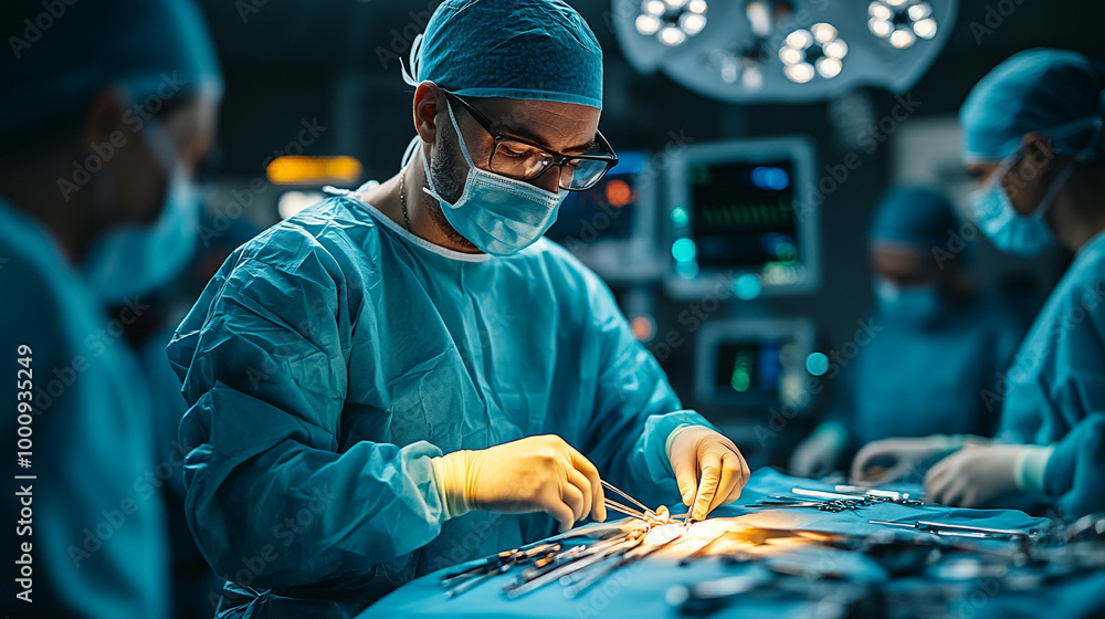 Surgeon performing a precise operation in a modern operating room. Focus on surgical tools and professional teamwork. Surgeon performing a precise operation in a modern operating room. Focus on surgical tools and professional teamwork.