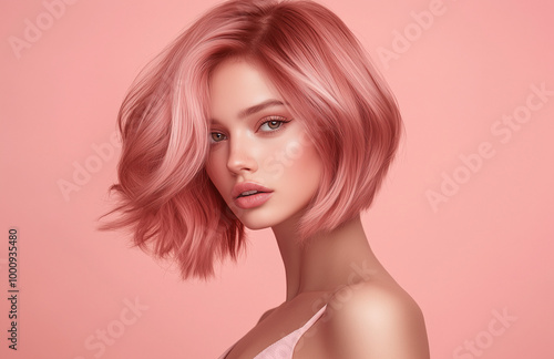 A series of stylish portraits of a young woman with short, pastel pink hair. The images emphasize beauty, modernity, and individuality, with a vibrant pink background to enhance the color of her hair 