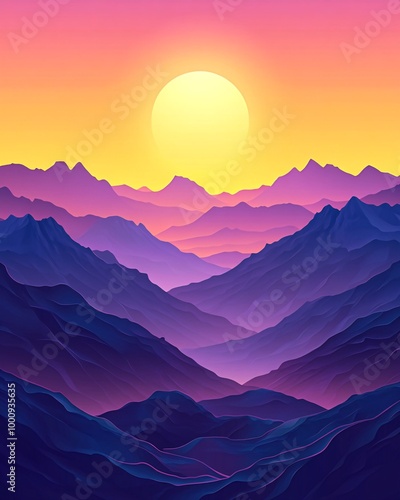 A vibrant sunset over a mountain range with a large sun and purple and blue hues.