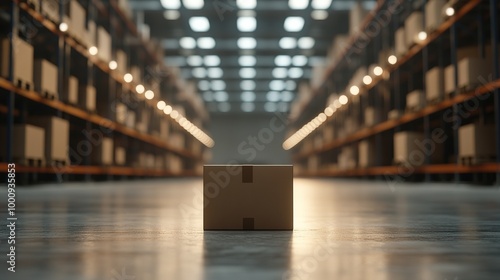 Close-up of a cardboard box on an empty warehouse floor, surrounded by rows of shelves filled with boxes. 3D rendering with blurred background, symbolizing storage, logistics, and supply chain efficie photo