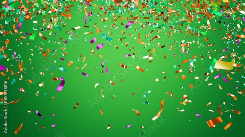 Colorful confetti falling against a green background.