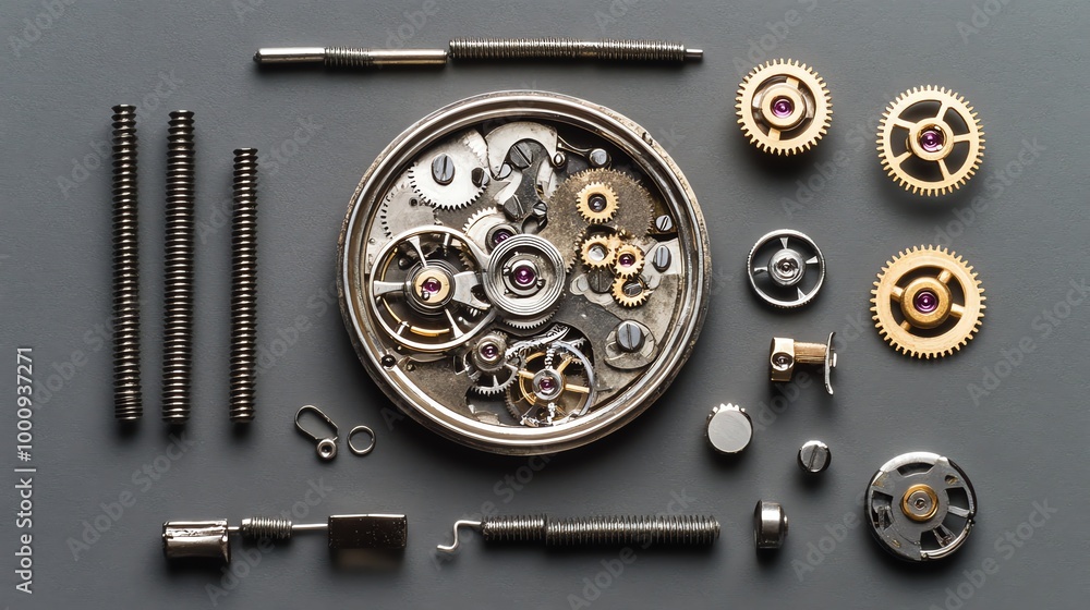 Fototapeta premium The intricate inner workings of a watch laid out on a wooden surface.
