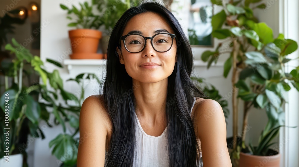 Asian businesswoman working at desk in home studio, smiling while using desktop computer Asian businesswoman working at desk in home studio, smiling while using desktop computer