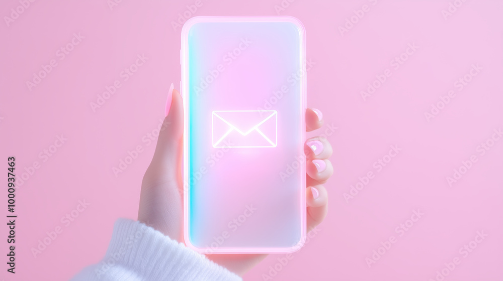 minimalistic hand holding mobile phone with glowing envelope icon minimalistic hand holding mobile phone with glowing envelope icon