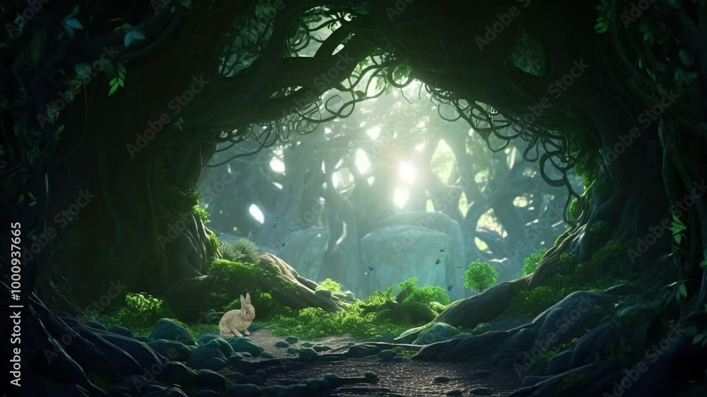 Fantasy forest look from the cave in the enchanting depths of the Seamless looping 4k virtual video animation background Fantasy forest look from the cave in the enchanting depths of the Seamless looping 4k virtual video animation background