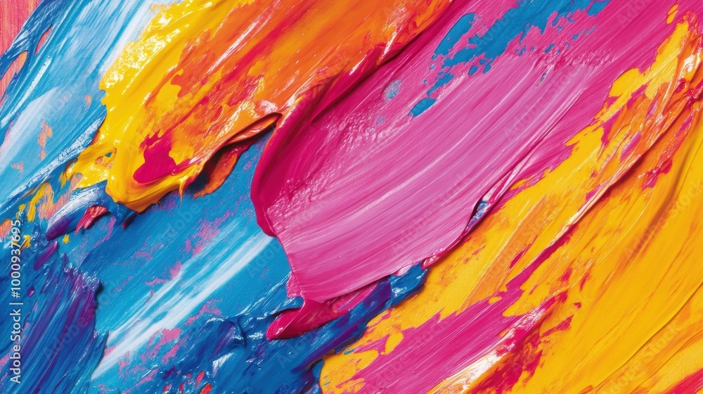 An abstract artwork showcases bold brushstrokes in vibrant colors, blending blue, pink, orange, and yellow to create an energetic composition An abstract artwork showcases bold brushstrokes in vibrant colors, blending blue, pink, orange, and yellow to create an energetic composition