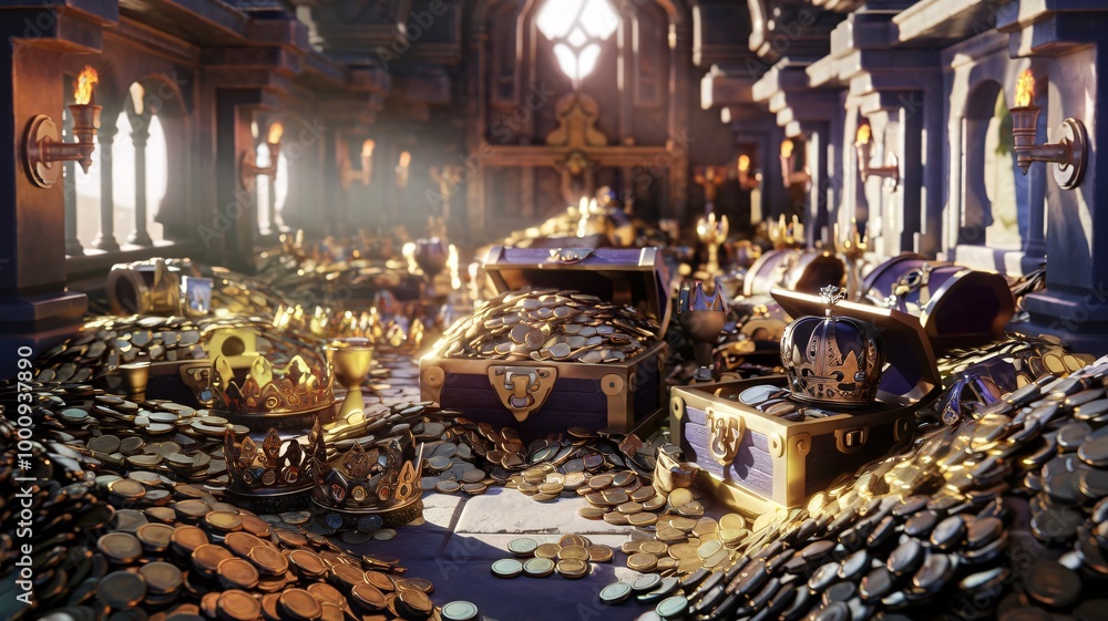 3D Render of Treasury Hall Overflowing Gold Coins, Ancient Treasures, Illuminated by Sunlight with Ornate Crowns and Intricate Carvings 3D Render of Treasury Hall Overflowing Gold Coins, Ancient Treasures, Illuminated by Sunlight with Ornate Crowns and Intricate Carvings