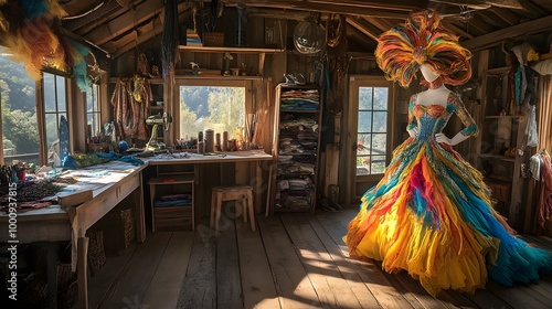 Costume designers studio with fabrics and sketches, mannequin in natural light