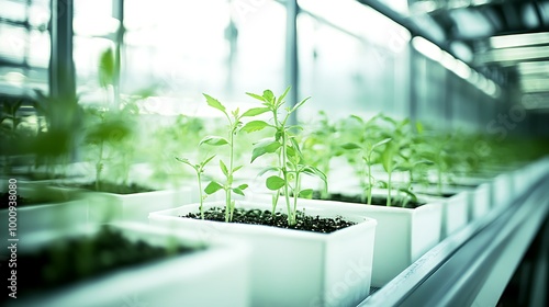 Organic plants in white boxes inside greenhouse, perspective view in plant science lab