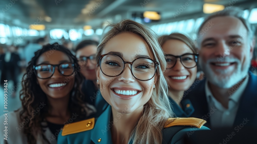 A group of smiling cabin crew members taking a selfie in an airport A group of smiling cabin crew members taking a selfie in an airport