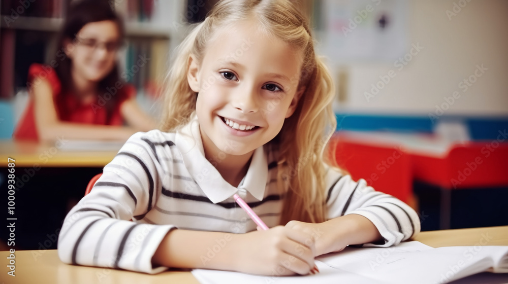 A young girl is sitting at her desk in class, smiling and writing on paper with a pen. A young girl is sitting at her desk in class, smiling and writing on paper with a pen.