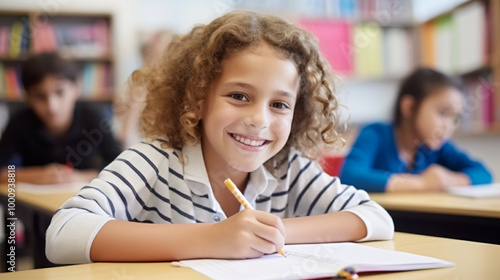 A young girl is sitting at her desk in class, smiling and writing on paper with a pen.