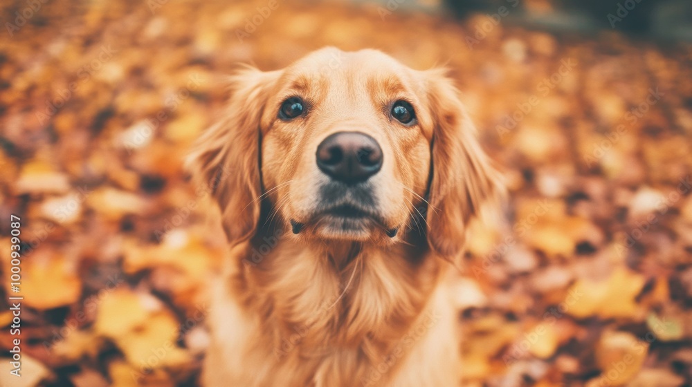The golden retriever looks curiously at the camera, surrounded by a blanket of colorful autumn leaves on the ground The golden retriever looks curiously at the camera, surrounded by a blanket of colorful autumn leaves on the ground