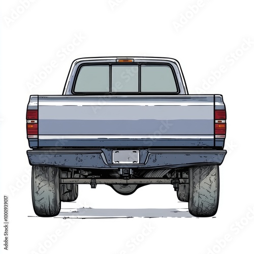 Rear View of a Classic Blue Pickup Truck on a White Background with Detailed Illustration