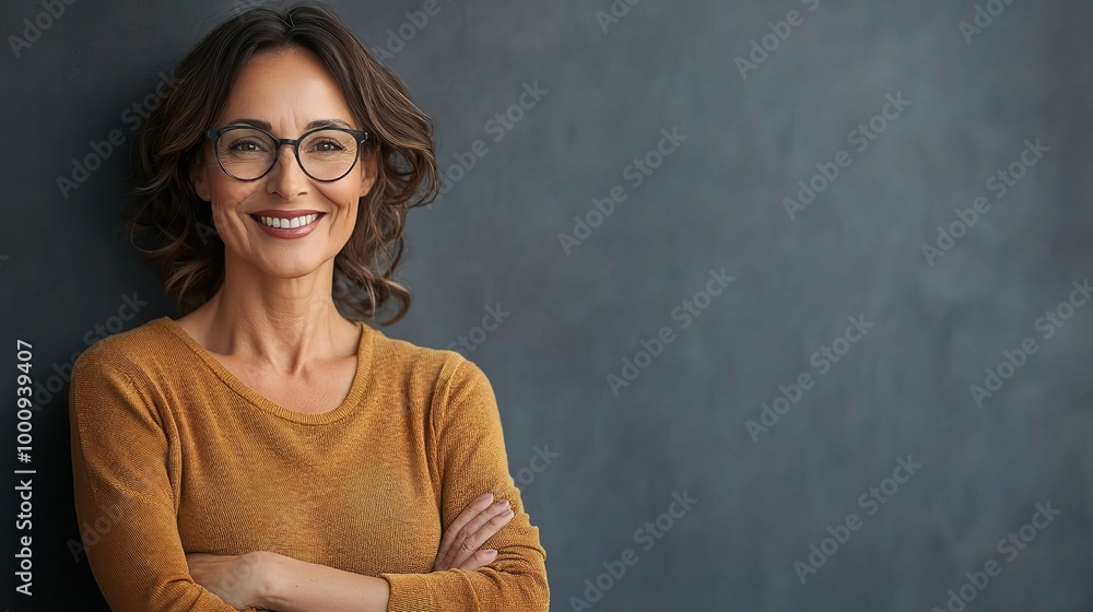 Smiling Woman with Glasses Against Dark Background Smiling Woman with Glasses Against Dark Background