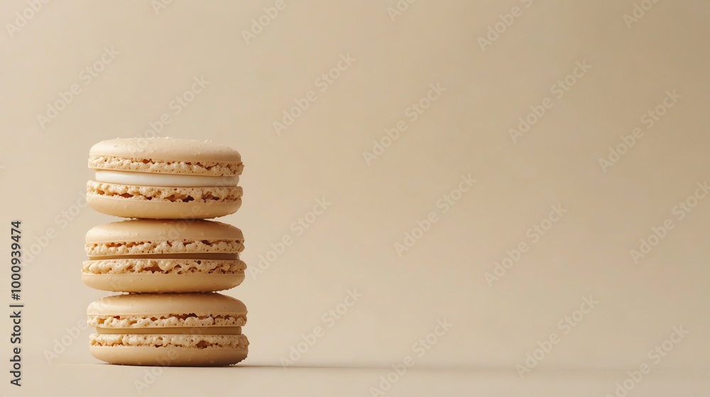 A stack of three beige macarons on a peach background. A stack of three beige macarons on a peach background.