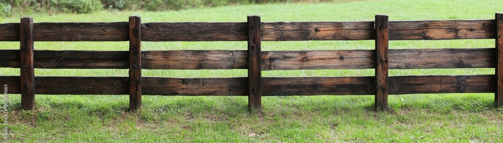 Rustic Wooden Fence in a Green Field on a Sunny Day Rustic Wooden Fence in a Green Field on a Sunny Day