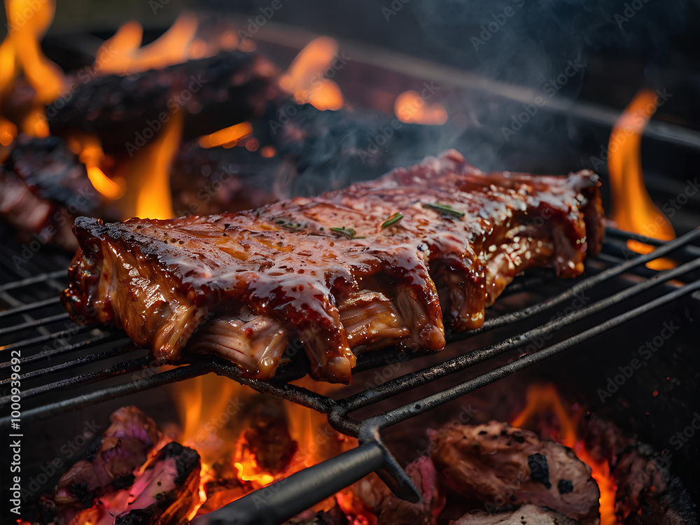 A rack of ribs cooking on a BBQ grill, brushed with a rich sauce, with the fire crackling below and a blurred evening scene behind. A rack of ribs cooking on a BBQ grill, brushed with a rich sauce, with the fire crackling below and a blurred evening scene behind.