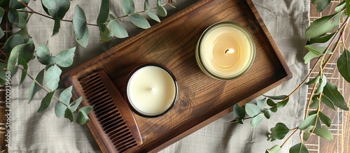 A Wooden Comb A Makeup Powder Box And A Branch Of Leaves Put On A Towel Wooden Tray Featured Scented Candle And Glass Vase Top View Photography photo