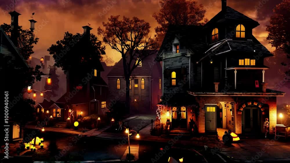 Trick or treating in a neighborhood at dusk. The camera is moving towards a haunted house decorated for halloween Trick or treating in a neighborhood at dusk. The camera is moving towards a haunted house decorated for halloween