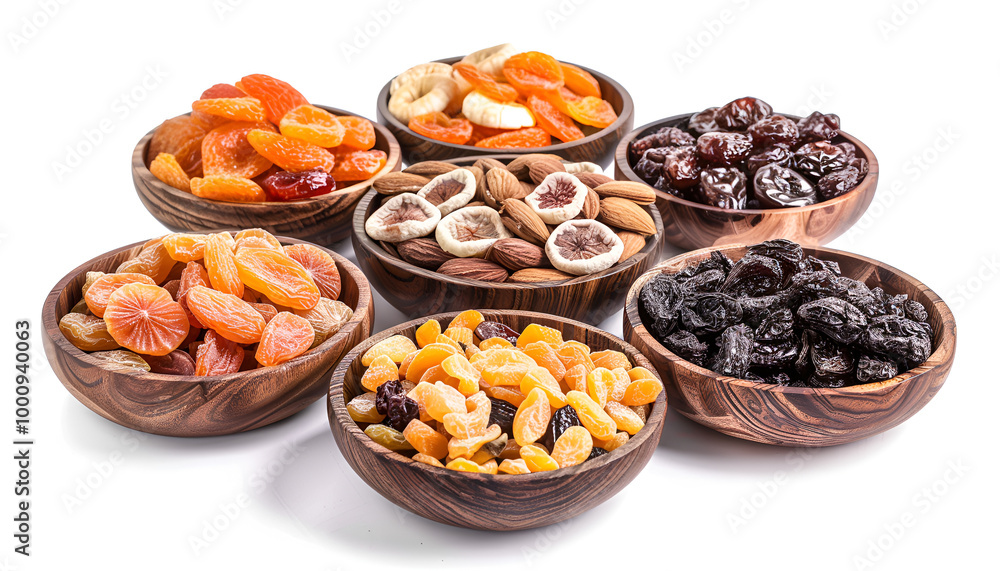 Plates with different dried fruits on white background Plates with different dried fruits on white background