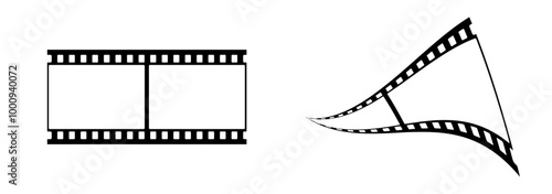 35mm 3d filmstrip mockup vector design with 2 frames on white background. Black film reel symbol illustration to use for photography, television, cinema, photo frame.