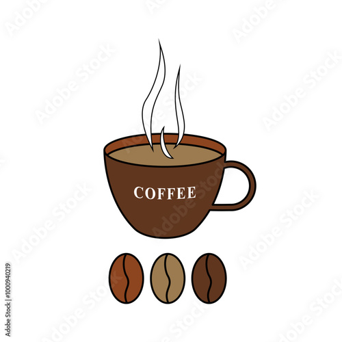 A vector image of a steaming coffee cup with coffee beans on a transparent background. Perfect for café or restaurant branding.