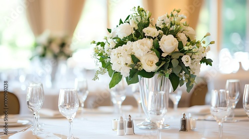 A table set for a formal dinner with white floral centerpieces.