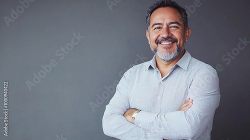 Smiling Man with Beard in Casual Gray Shirt