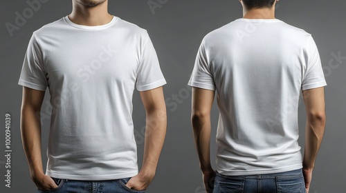 Front and back view of white T-shirt on man, isolated mockup design on grey background