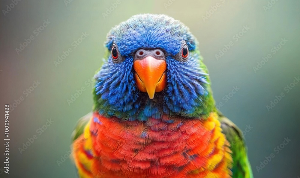 Obraz premium A close view highlights the stunning colors and detail of a rainbow lorikeet, demonstrating its playful nature in a natural setting