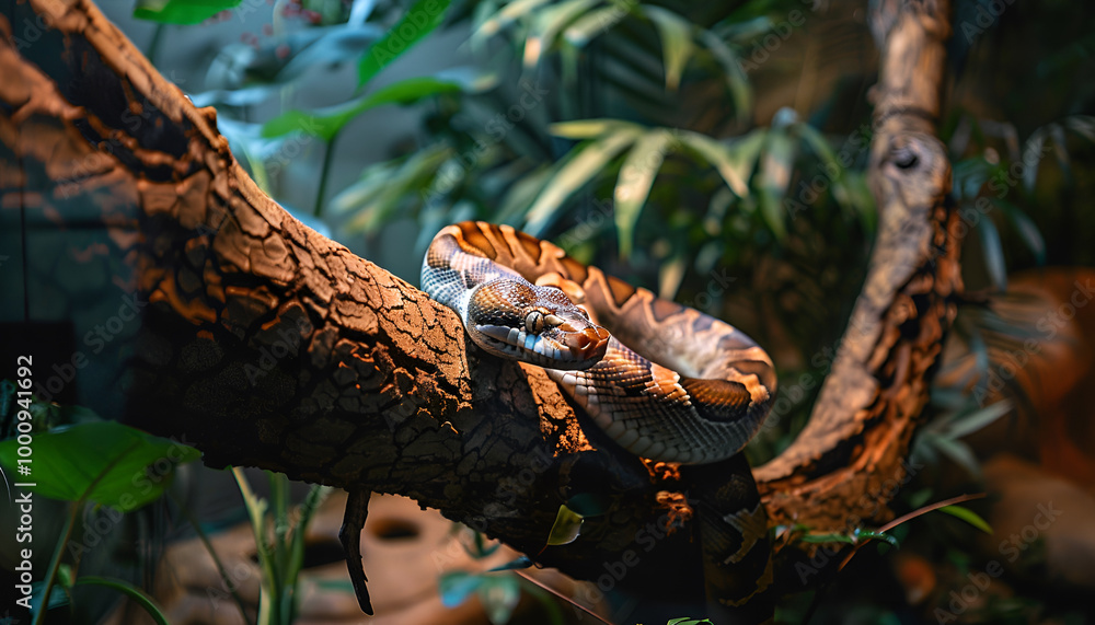 Brown boa constrictor on tree branch outdoors Brown boa constrictor on tree branch outdoors