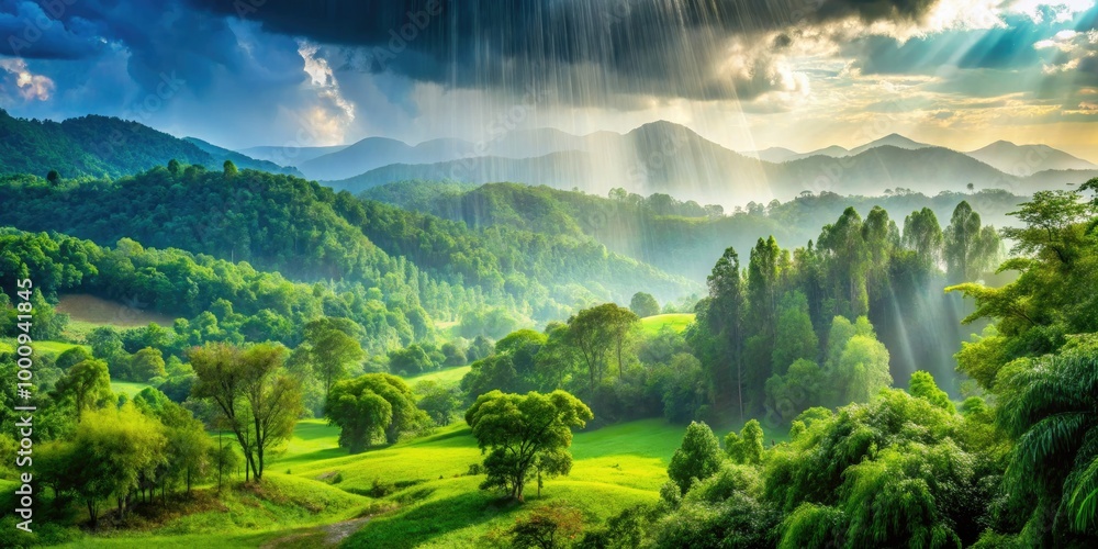Fototapeta premium A delicate rain lightly caresses the land, crafting a peaceful atmosphere that envelops the lush, green scenery, creating a scene of total tranquility.