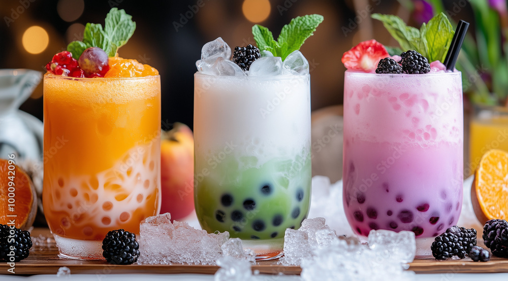 Vibrant bubble tea drinks in tall glasses, topped with fresh fruit, mint leaves, and colorful tapioca pearls, creating a refreshing, lively, and visually appealing scene.
Vibrant bubble tea drinks in tall glasses, topped with fresh fruit, mint leaves, and colorful tapioca pearls, creating a refreshing, lively, and visually appealing scene.