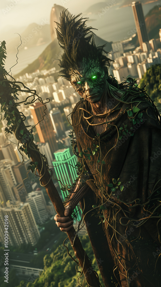 Fototapeta premium A mystical tree guardian with glowing green eyes and vines, towering over a cityscape at sunset